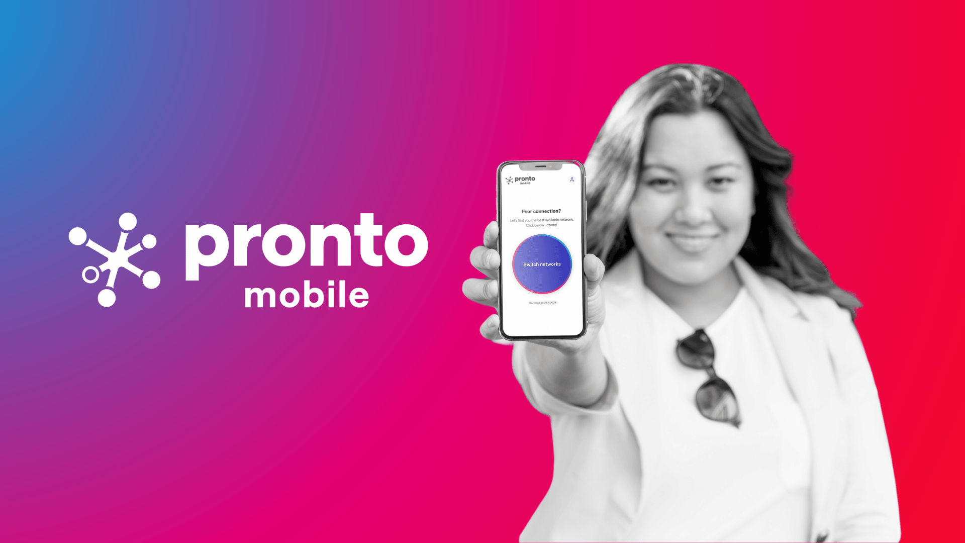 Pronto Mobile logo and woman holding phone with Pronto app on her phone